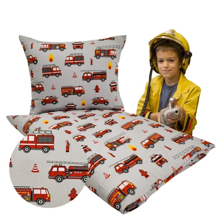 Set De Lenjerie Pentru Copii, 90 cm x 120 cm, 40 cm x 60 cm, Fermoar, 100% Bumbac, Oeko-Tex Standard 100, Hipoalergenic, Pompieri Gri, Alb Cu Model Colorat