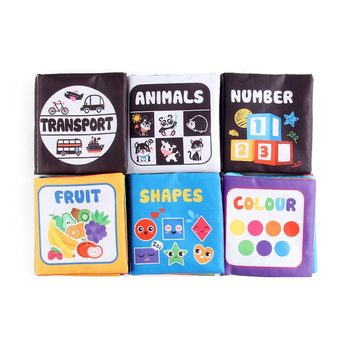 Set 6 carti senzoriale textile pentru bebelusi cu forme, numere, fructe, culori cu fosnaitoare si sunete, + 3 luni, incurajeaza dezvoltarea sugarului, sundiguer, alb/negru