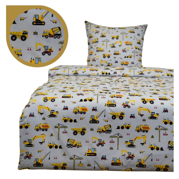 Set De Lenjerie De Pat Pentru Copii, 160 cm x 200 cm, 50 cm x 60 cm, Cu Fermoar, 100% Bumbac, Oeko-Tex Standard 100, Hipoalergenic, Excavatoare Galbene Pe Fond Gri, Galben