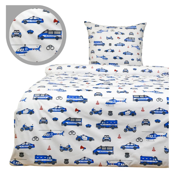 Set De Lenjerie De Pat Pentru Copii, 140 cm x 200 cm, 70 cm x 80 cm, Fermoar, 100% Bumbac, Oeko-Tex Standard 100, Hipoalergenic, Politie Pe Fundal Alb, Alb Cu Model Colorat