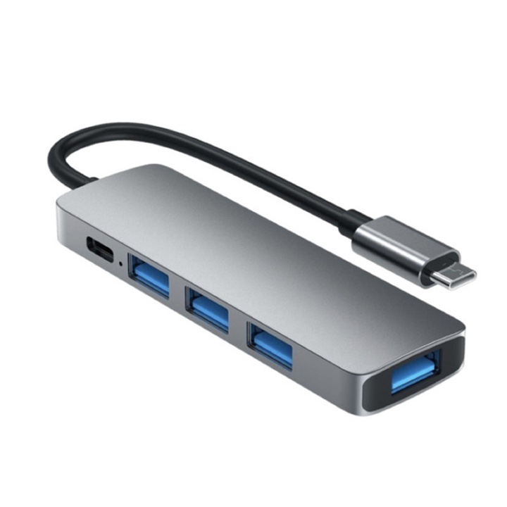 Hub USB 5 in 1, Tip C / USB 3.0., Adaptor Multiport Cu Protectie Supracurent, 4.5W, 480 Mbps, 5 Gbps, Aluminiu, pentru MacBook Pro/Air, iPad, iMac, iPhone 16 15, XPS, Thinkpad, Vaxiuja, Gri