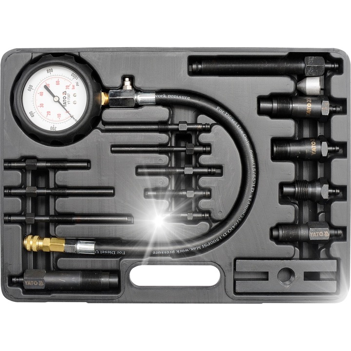Set manometre presiune compresie diesel Yato, set 16 piese, 70 BAR, cu adaptoare pentru injectoare si bujii, material otel, negru