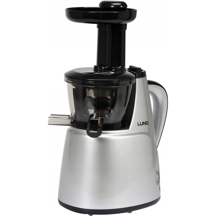 Lund 67840 lassú gyümölcscentrifuga, gyümölcsprés, 150W, 65 RPM, 3 szűrővel és 1l-es tartályokkal, BPA-mentes (PCTG), ezüst
