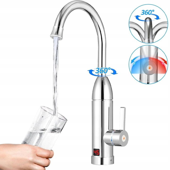 Bedee elektromos konyhai csaptelep, azonnali vízmelegítővel, 3000W, LCD kijelző, 360°, ezüst, 420x60x207mm