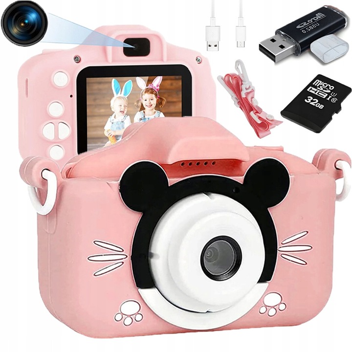 Aparat foto digital pentru copii, 40 Mpx, 2 camere, 32 GB, compact, cu 5 jocuri, roz, 8,5x6x3 cm