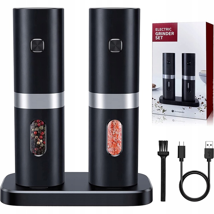 Комплект електрически мелачки за сол и черен пипер Bedee, 2 части, компактен, със зарядна база, неръждаема стомана, 51x53x178.8 мм