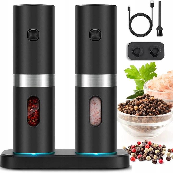Комплект електрически мелачки за сол и черен пипер Bedee, 2 части, компактен, със зарядна база, неръждаема стомана, 51x53x178.8 мм
