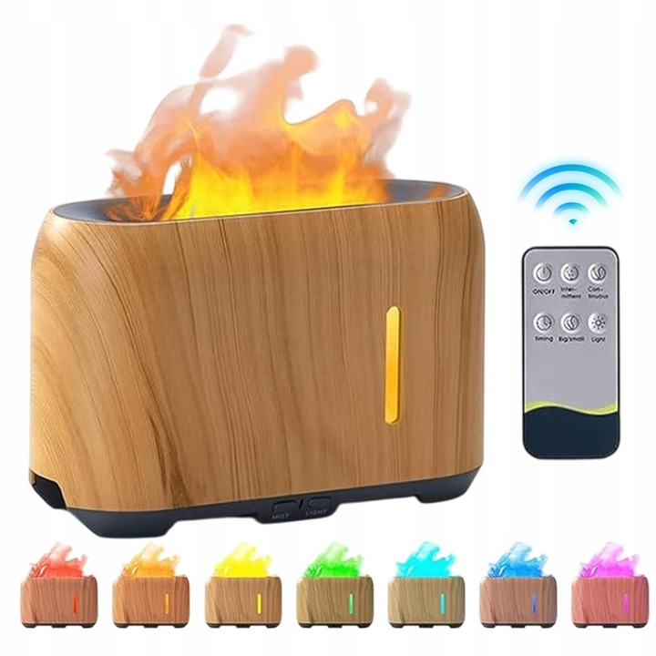 Овлажнител, Bedee, 4 в 1 аромадифузер, 7-цветен ефект на пламък, цвят дърво, 20x12.8x8см