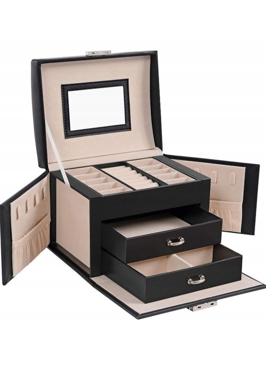 Cutie pentru bijuterii, Songmics, 17,5x13,5x12cm, neagra, 16 locuri pentru cercei, 7 role pentru inele, 8 carlige pentru lanturi