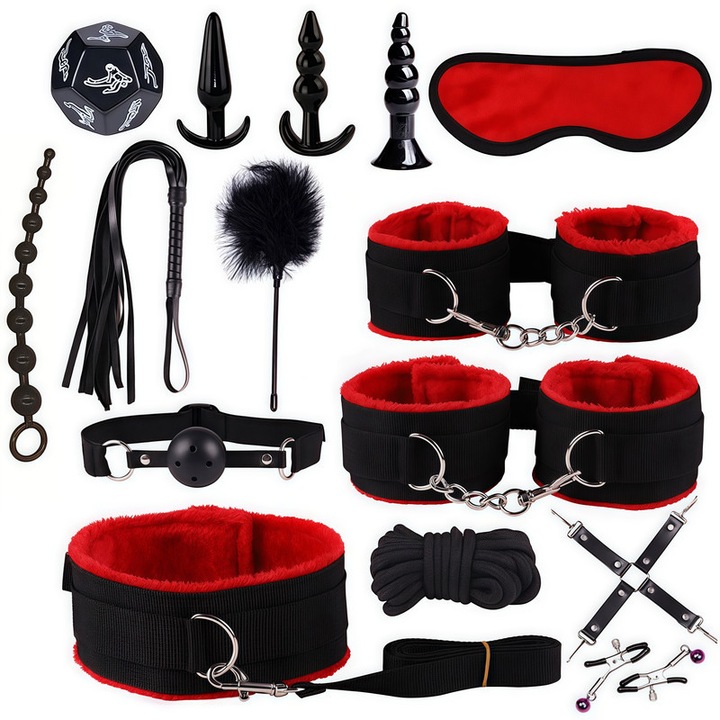 BDSM kötöző szett, 15 darabos, TERYJN, bilincs, nyakörv, szemkötő, állítható pántok, piros/fekete