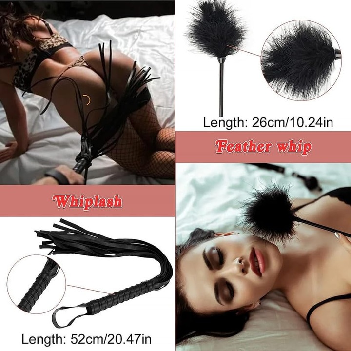 Комплект от 15 части BDSM TERYJN, белезници, нашийник, превръзка за очи, регулируеми каишки, розов/черен