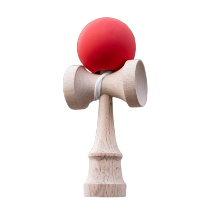 Jucarie interactiva Kendama din lemn natural durabil, Joc de Indemanare pentru Copii si Adulti, rosu