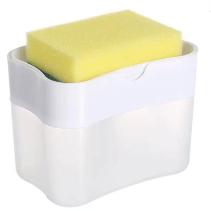 2 az 1-ben adagoló, szivacstartó és mosogatószer-adagoló, nyomógombos működtetés, fehér