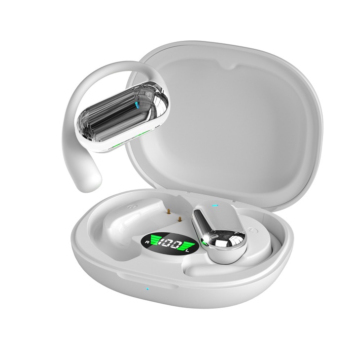 VU-TEK AirConduction Vezeték nélküli fülhallgató, Bluetooth 5.4, 3D hangzás, 90 órás üzemidő, HD mikrofon, IPX5 vízálló, Nyitott fülű, Fehér-Ezüst