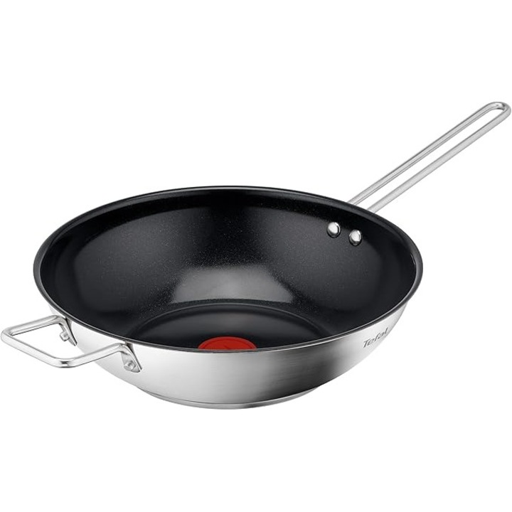 Tefal Nordica H8711955 – Уок тиган от неръждаема стомана, 28 см, с незалепващо покритие и температурен индикатор Thermo-Signal, съвместим с всички видове котлони (газови, електрически, керамични, индукционни), неръждаема стомана