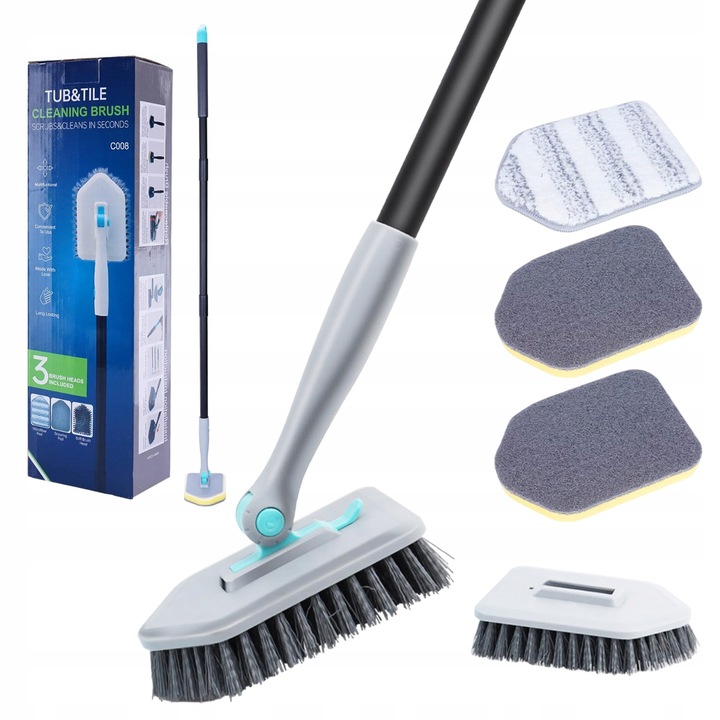 Въртяща се четка за под Bedee с 3 глави, сива и черна, регулируема дължина 22-50 инча, пълен комплект