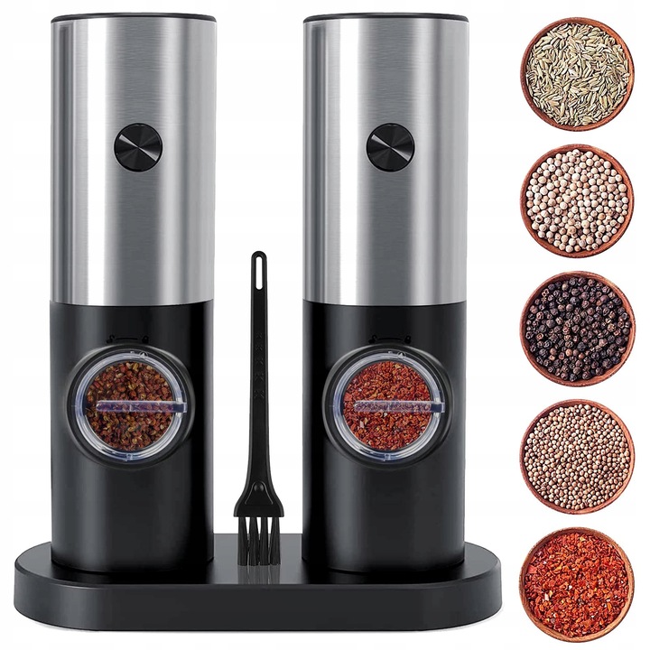 Електрическа мелачка за сол и черен пипер Bedee, комплект от 2, неръждаема стомана, 70 мл, 165x73x225 мм