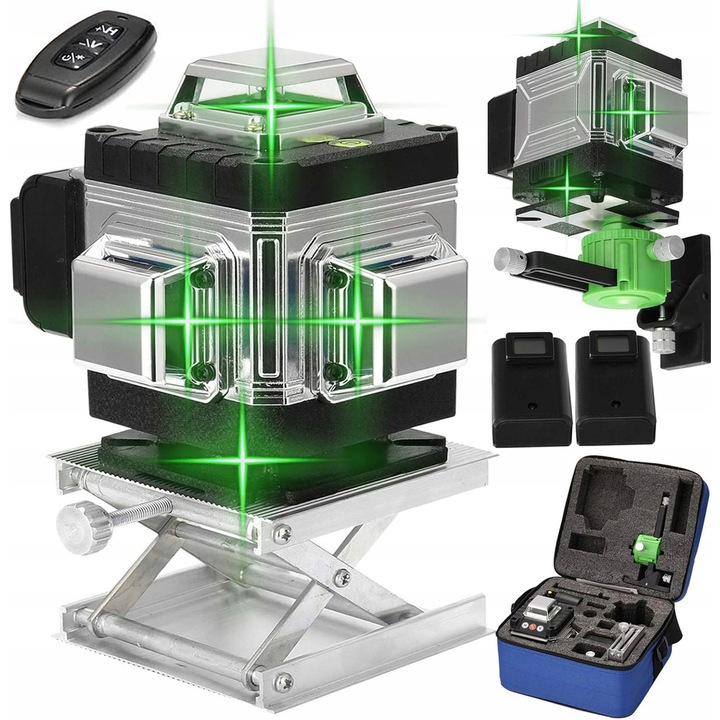 Лазерен нивелир Bedee 4D, зелен, комплект с 2 батерии, 360°