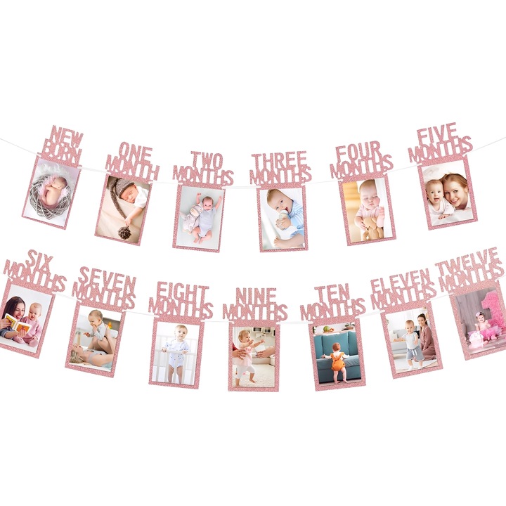 Комплект банер за рожден ден 1 година, TREXORA, 13 картички 13x24см, розов