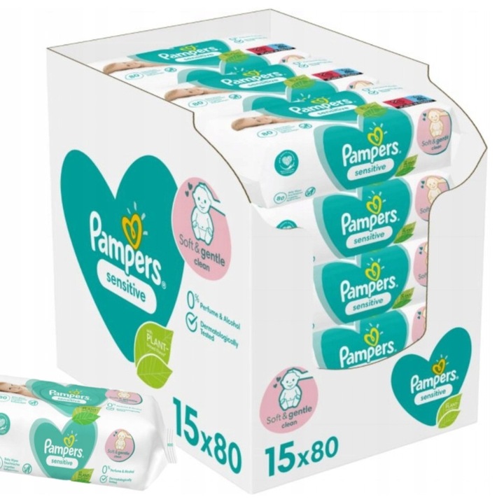 Мокри кърпички Pampers Sensitive, 1200 броя, без алкохол, без аромат