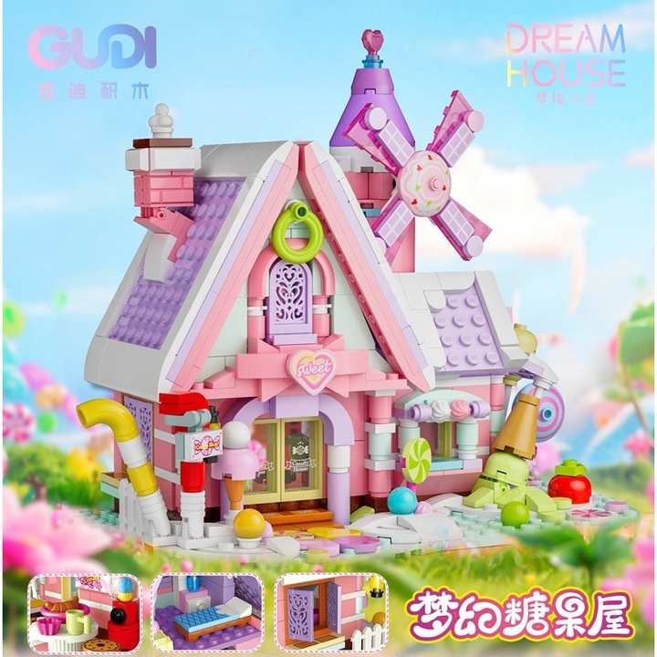 Építőkocka készlet, cukorka ház, rózsaszín, 21.8x12.5x17.7cm