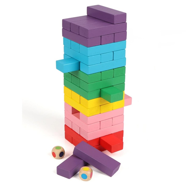 Joc de echilibru cu cuburi din lemn, 48 piese, multicolor, pentru copii de 3 ani, cu sac de depozitare