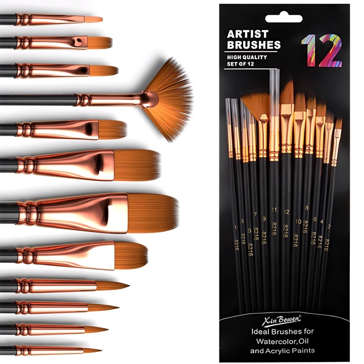 Set de pensule profesionale, Xin Bowen, 12 piese, design ergonomic, lemn, negru