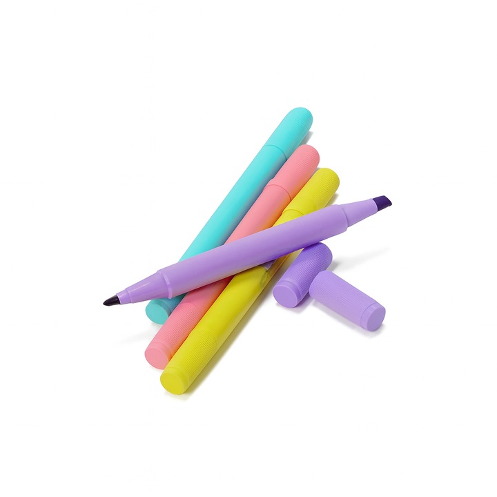 Set 4 markere cu capat dublu, varf subtire si gros, culori pastelate, design ergonomic, ideale pentru scriere si evidentiere, Multicolor