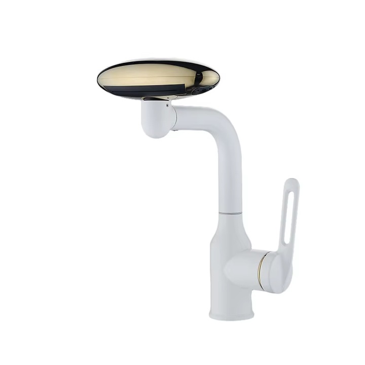 Multifunkciós termosztatikus fürdőszobai csaptelep mosdóhoz, 4 sugár üzemmóddal, rozsdamentes acél, MZ-8008, fehér