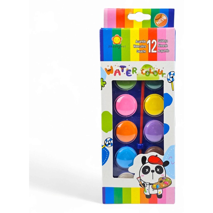 Acuarele 12 culori, cu carcasa de plastic si pensula inclusa, Ideale pentru scoala, activitati creative, 20.6 x 8 cm