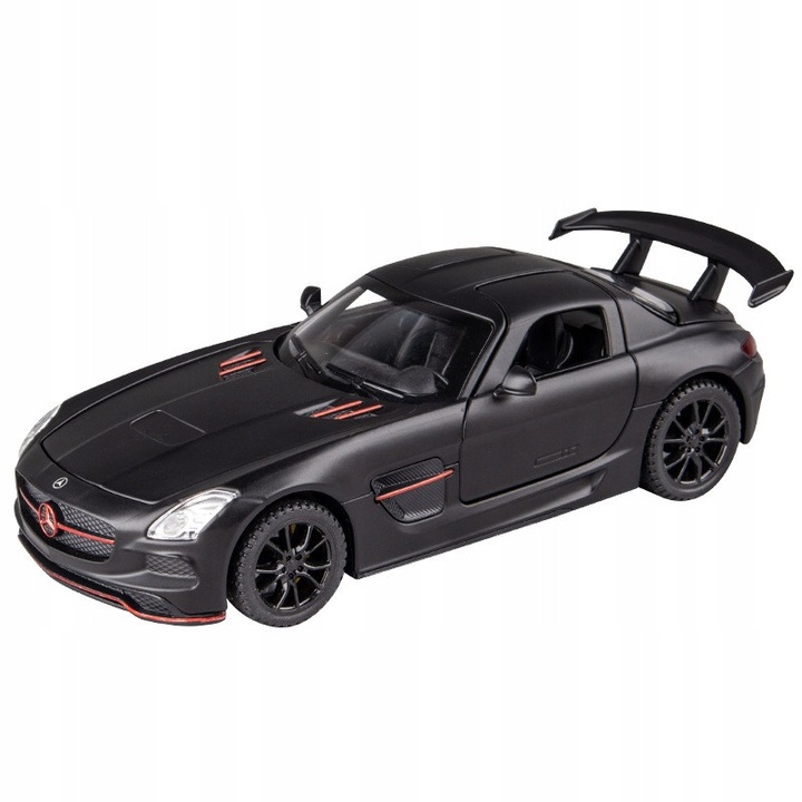 Miniatűr autó, Mercedes-Benz, SLS AMG, 1:32, Fém, hang, fény, Fekete, fém, műanyag, 15 x 7,3 x 4,3 cm, 3 db 1,5 V-os elem (nem tartozék)
