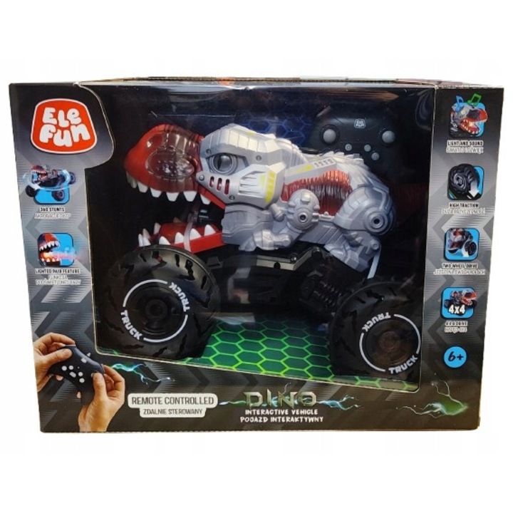 Vehicul interactiv, Elefun, Dinozaur, 1 locomotiva, 12 V, telecomanda, efecte luminoase, efecte sonore, acrobatii la 360°, incarcare USB, set telecomandat, baterie, dozator de apa, cablu USB, material rezistent, viteza 10 km/h, pentru baieti, multicolor