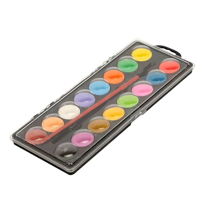 16 színű akvarellfesték, műanyag tokkal és ecsettel, ideális iskolába, kreatív tevékenységekhez, 20,6 x 8 cm