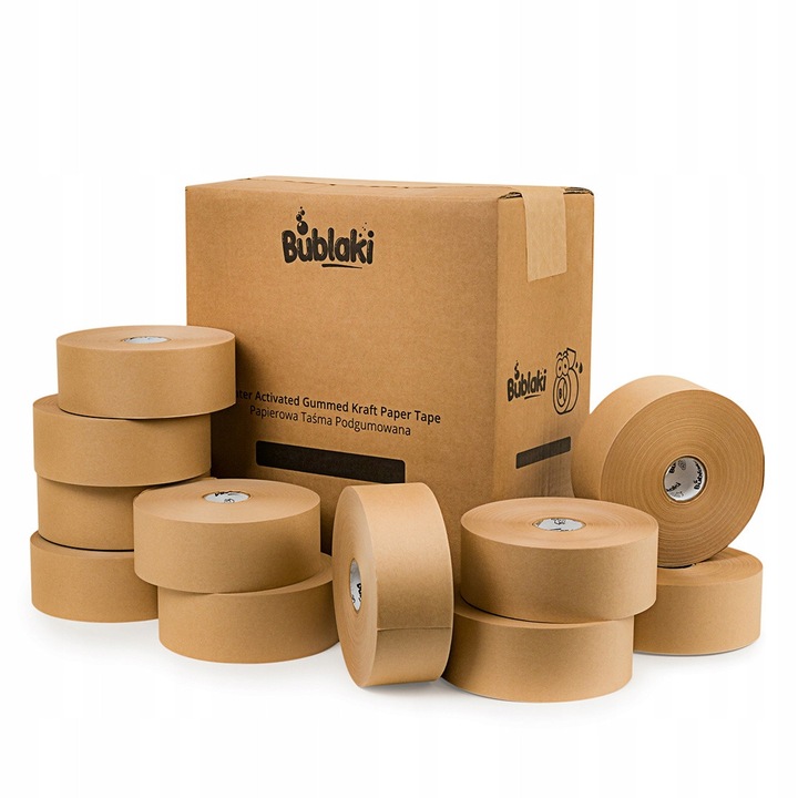 Banda adeziva Bublaki BT-W50_901, hartie kraft activata cu apa, ecologica, 50 mm x 200 m, Maro, 10 buc