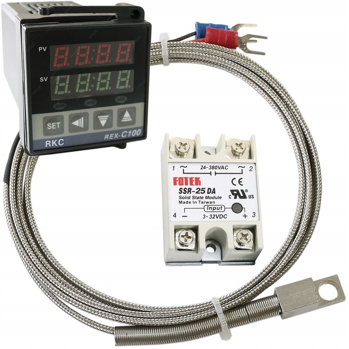 Hőmérséklet-szabályozó készlet RKC REX-C100FK02-V*AN, PT100 M8 érzékelő (-50C - 450C), 25A SSR-25DA, 48x48x100mm