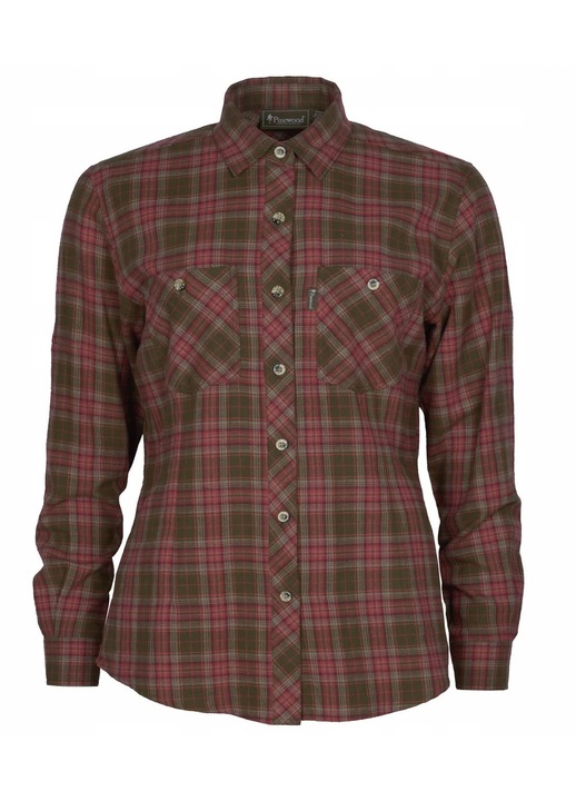 Camasa de dama Pinewood Felicia, flanel de bumbac, verde muschi inchis/roz cenusiu, cu buzunare si bretele pentru mansete, XS INTL