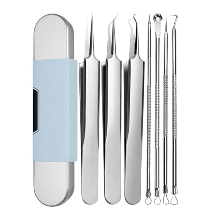 Set instrumente pentru indepartarea punctelor negre, 7in1, inox, cu maner antiderapant, cutie de depozitare portabila
