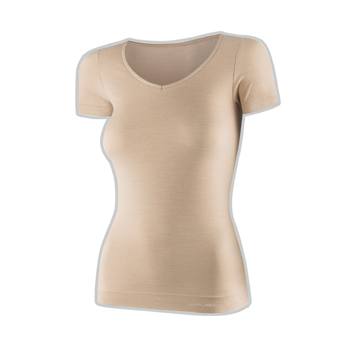Tricou termic Brubeck COMFORT MERINO pentru femei, bej, lana merinos, utilizare zilnica, maneca scurta