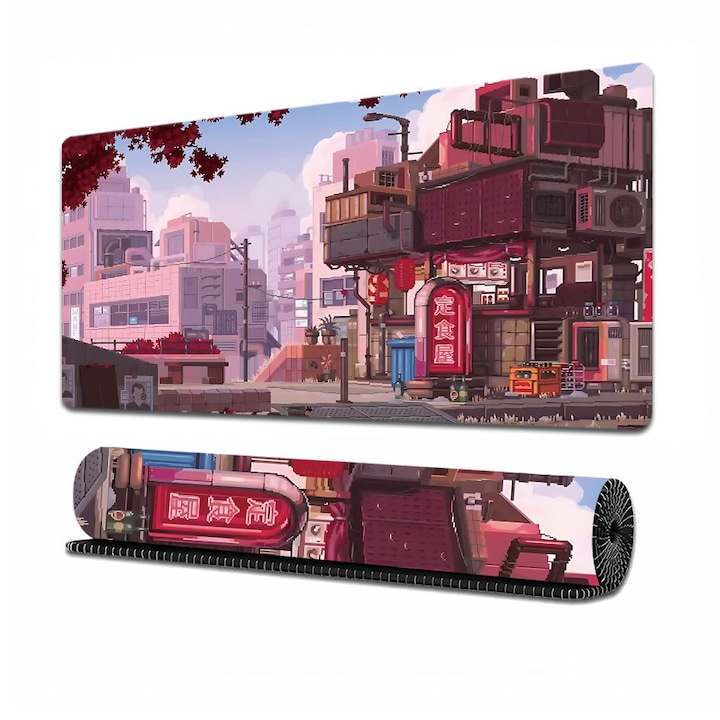 Mousepad mare pentru jocuri, peisaj urban anime, antiderapant, roz, 800x300x3 mm