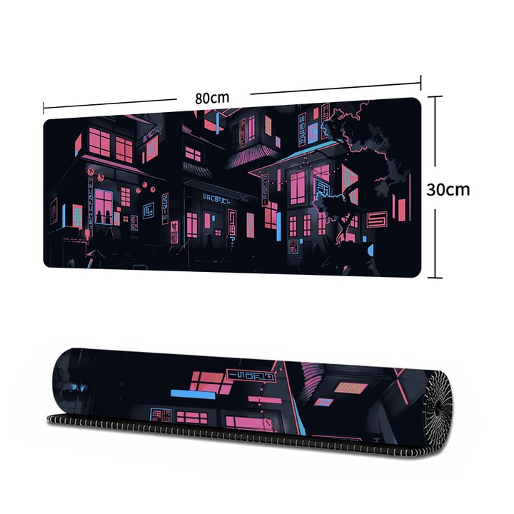 Mousepad in stil anime japonez, dimensiuni mari pentru gaming, cu design cyberpunk urban din jocuri/anime, stil animatie fantasy, suport antiderapant pentru birou, 800x300x3 mm, Negru