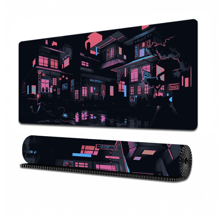 Japán anime stílusú egérpad, nagyméretű gaminghez, cyberpunk városi játék/anime dizájn, fantasy animációs stílus, csúszásmentes asztali alátét, 800x300x3 mm, fekete