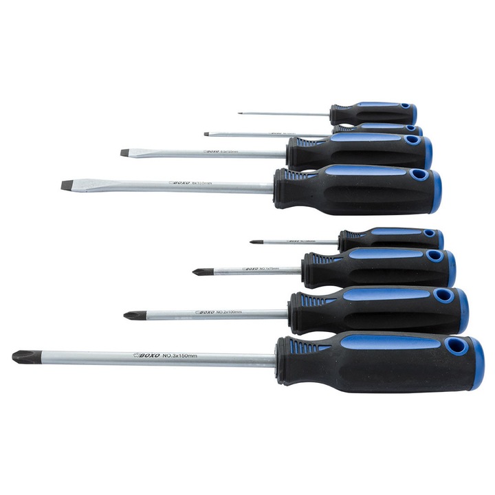 Комплект от 8 отвертки Boxo, плоски и кръстати, различни размери