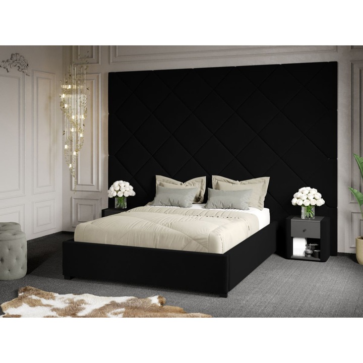 Pat Tapitat cu Panou, 305x228, C3, Dubai cu Somiera fixa, 180x200, Negru/Velluto 20