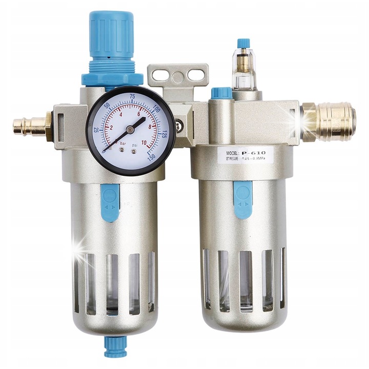 Levegő előkészítő blokk, Redats P-610, 3/8", olajozóval, szabályozóval, szűrővel ellátott készlet, 0-10 bar, 0-150 psi
