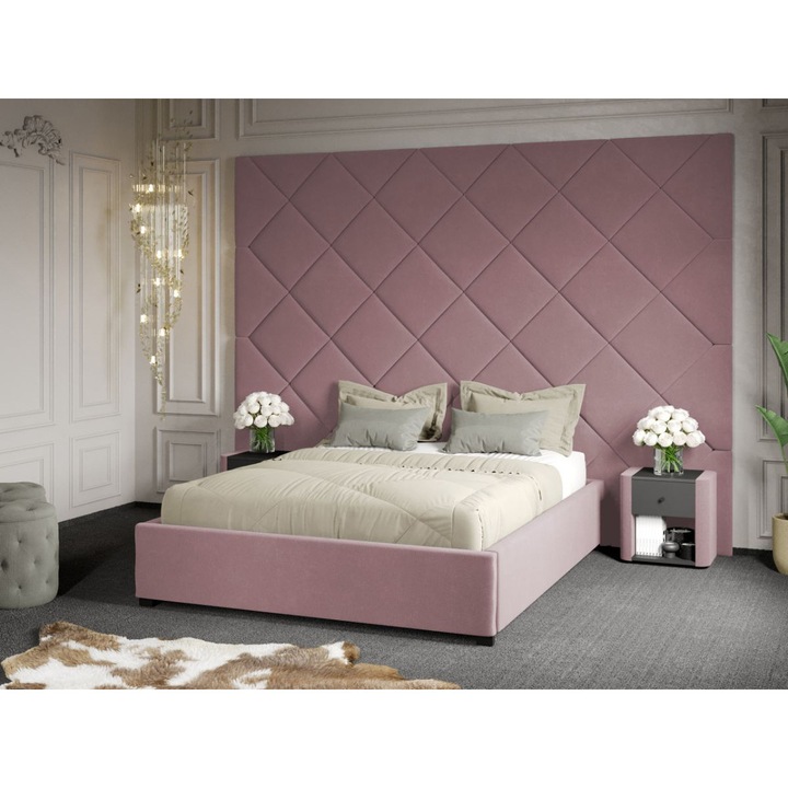 Pat Tapitat cu Panou, 305x228, C3, Dubai cu Somiera fixa, 180x200, Roz/Velluto 14