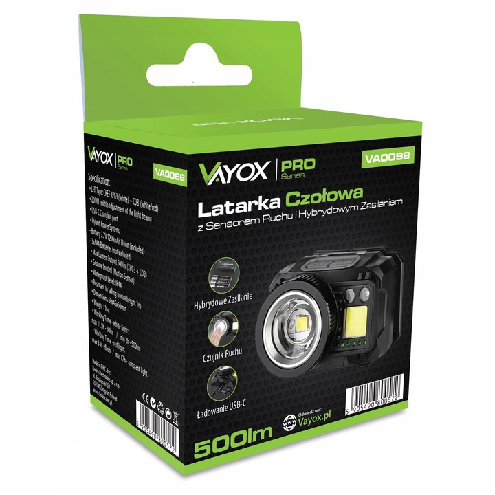 Челник Vayox VA0098, LED, 500lm, със сензор за движение, зареждане чрез USB-C