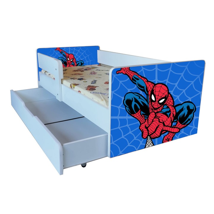 Pat copii Spider cu sertar, 144x76 cm, cu saltea inclusa