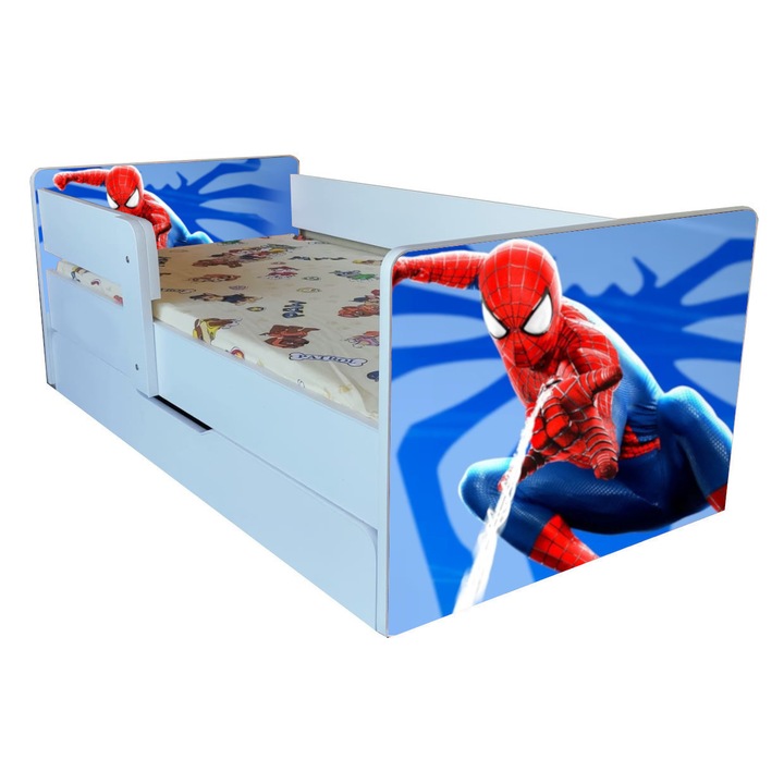 Pat copii Spiderman cu sertar, 136x66 cm, 2-6 ani, cu saltea inclusa