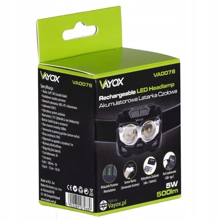 Lanterna frontala Vayox VA0078, 500lm, 2 tipuri de lumina, alimentare hibrida, waterproof, set complet
