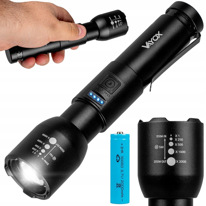 Тактически фенер Vayox VA0180, 20W, 800lm, алуминий, 5 режима, USB-C зареждане, 17 см, комплект с батерия 18650 2000mAh и щипка за монтаж